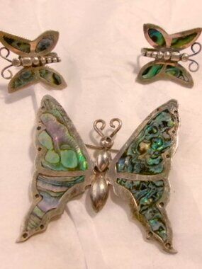 Vintage Mexican Silver Butterfly Brooch and Matching Earrings